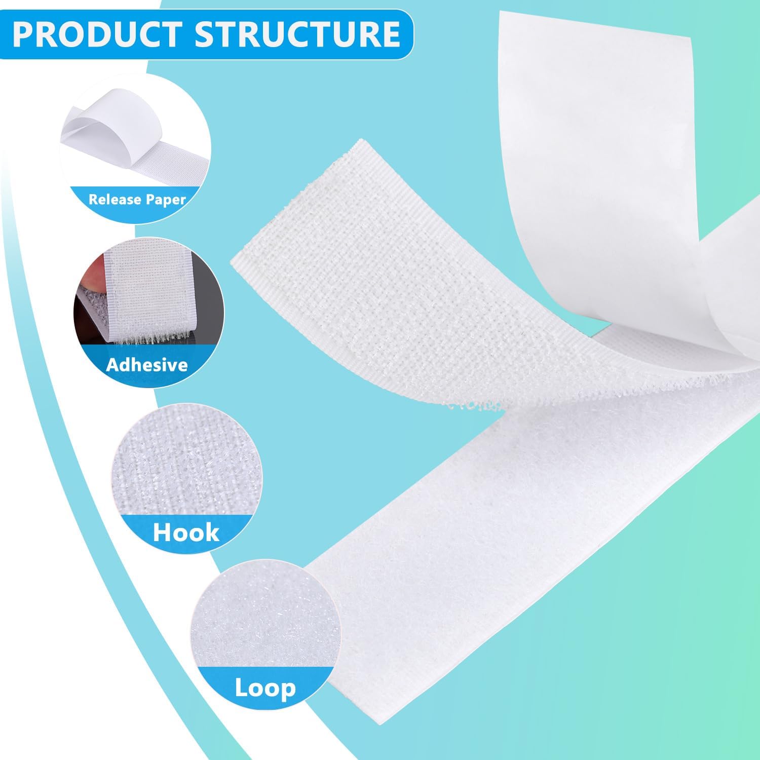 Cinta de gancho y bucle de 30 pies x 1.5 pulgadas, cinta adhesiva de nailon resistente con adhesivo para escuela, hogar y exteriores (blanco, 1 12