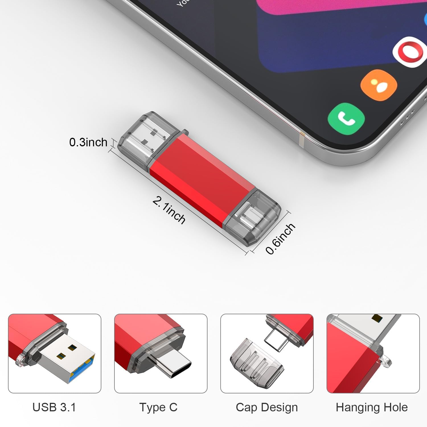 RAOYI Unidad flash USB C de 128 GB actualizada a 130 MBs, USB 3.1 tipo C doble OTG USB 3.1 tipo C Dual OTG Memoria Stick de metal con llavero