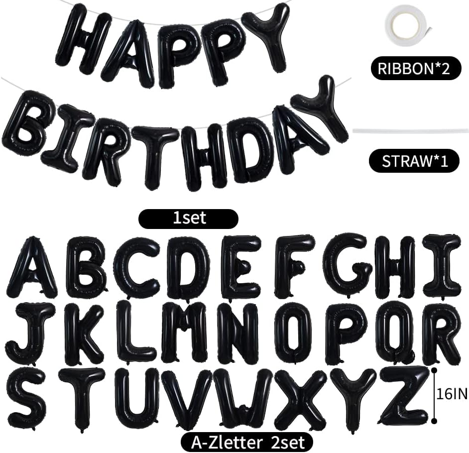 TONIFUL 65 globos de letras de la A a la Z personalizados con nombre de 16 pulgadas, globos negros de feliz cumpleaños y 2 juegos de globos de