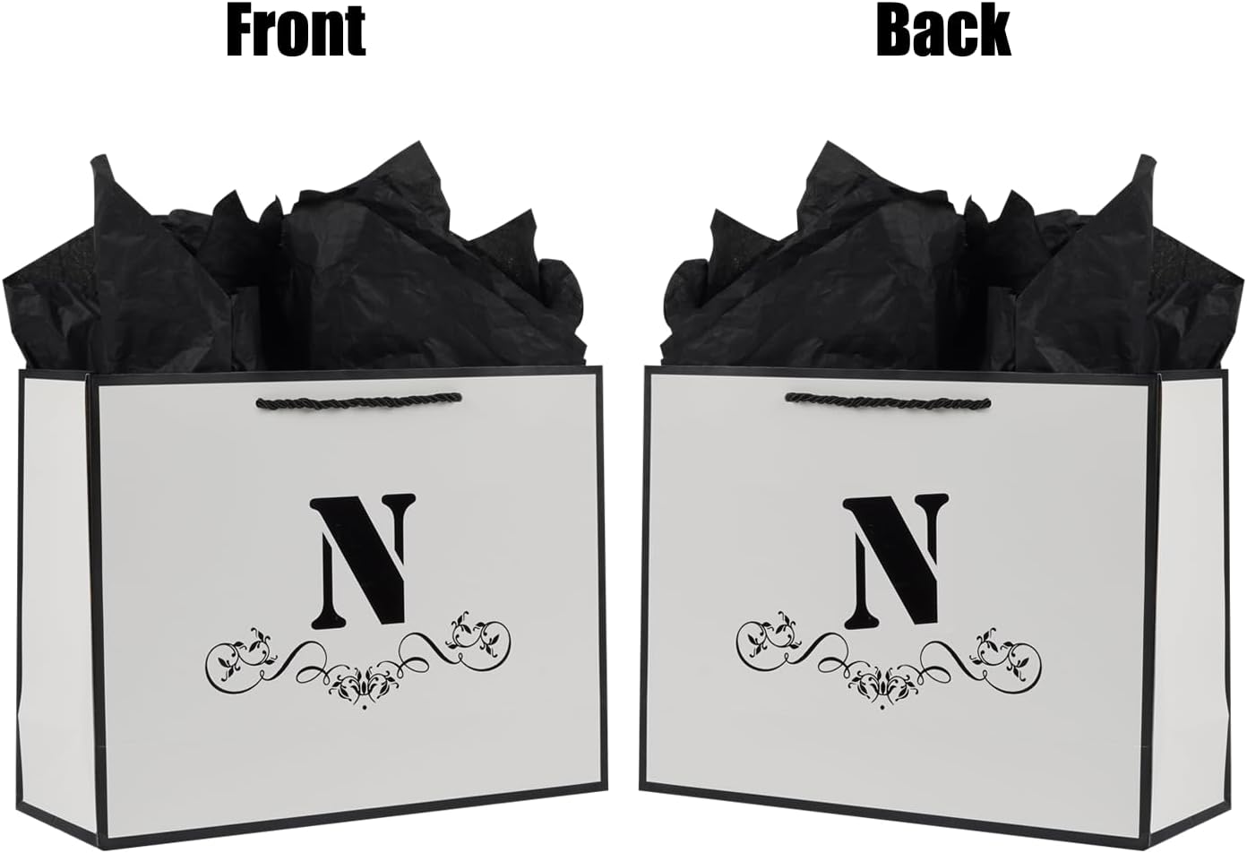 Bolsa de regalo con letras con papel de envoltura para hombres, mujeres, niños y niñas, bolsa de papel grande de 12 pulgadas de color blanco y negro