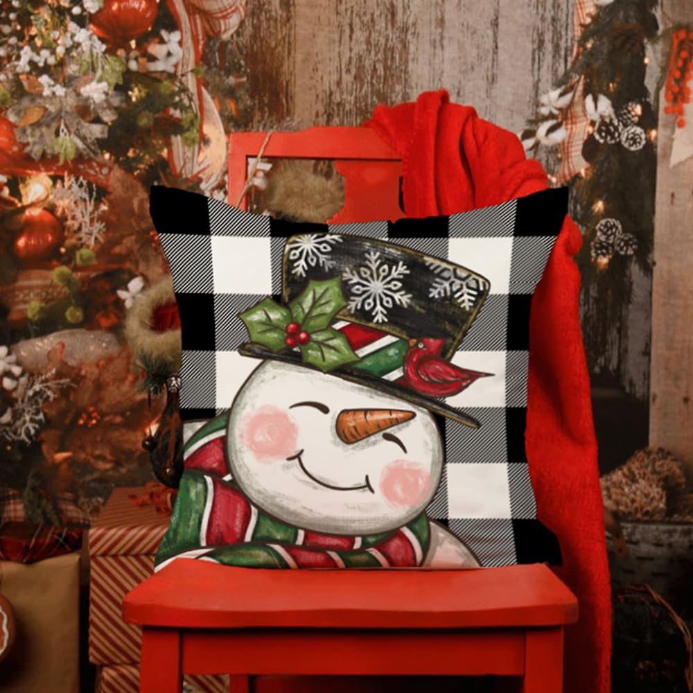 DFXSZ Juego de 4 fundas de almohada navideñas de 16 x 16 pulgadas, diseño de muñeco de nieve, sika y ciervo, decoración de invierno para el hogar,