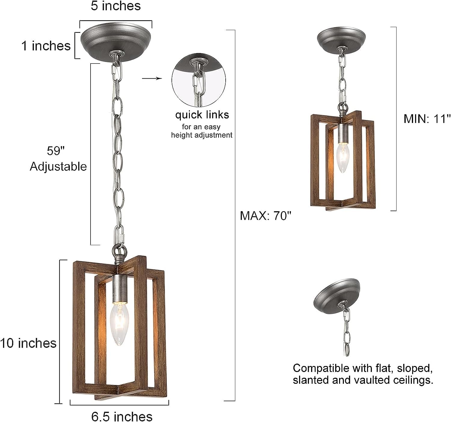 Iluminación colgante de granja, lámpara colgante de metal rústico vintage con acabado cepillado de madera y plata para isla de cocina, comedor,