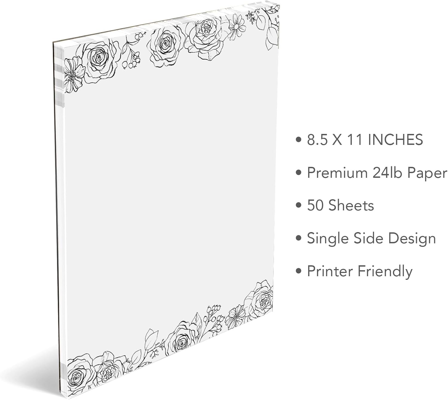 Papel de papelería floral, 50 hojas, papel membrete de flores en blanco y negro de 8.5 x 11 pulgadas, elegante papel de escritura, bonito papel
