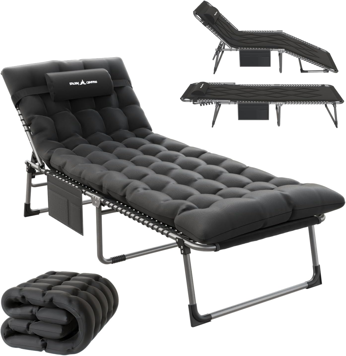Catre de camping plegable acolchado para adultos con colchón de doble capa, ultra cómodo, tumbona portátil de 5 posiciones para exteriores e