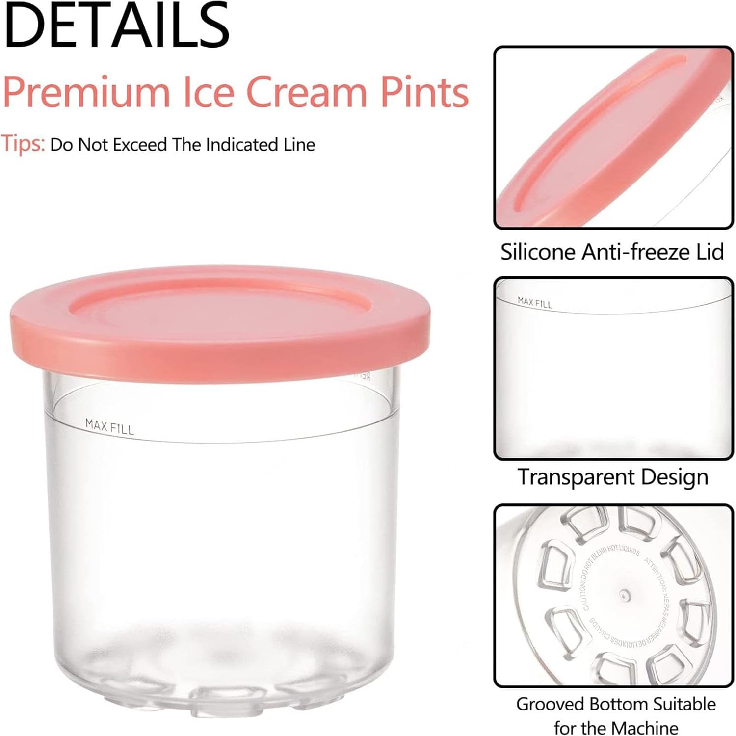 Pintas y tapas para creami, para ninja cremosas y tapas, paquete de 4, enfriador de pintas de helado de 16 onzas, reutilizable, a prueba de hojas,