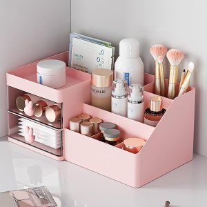 jioko Organizador de maquillaje para tocador de baño, cajón transparente para almacenamiento de cosméticos con soporte para cepillos, encimera de jioko Organizador de maquillaje para tocador de baño, cajón transparente para almacenamiento de cosméticos con soporte para cepillos, encimera de