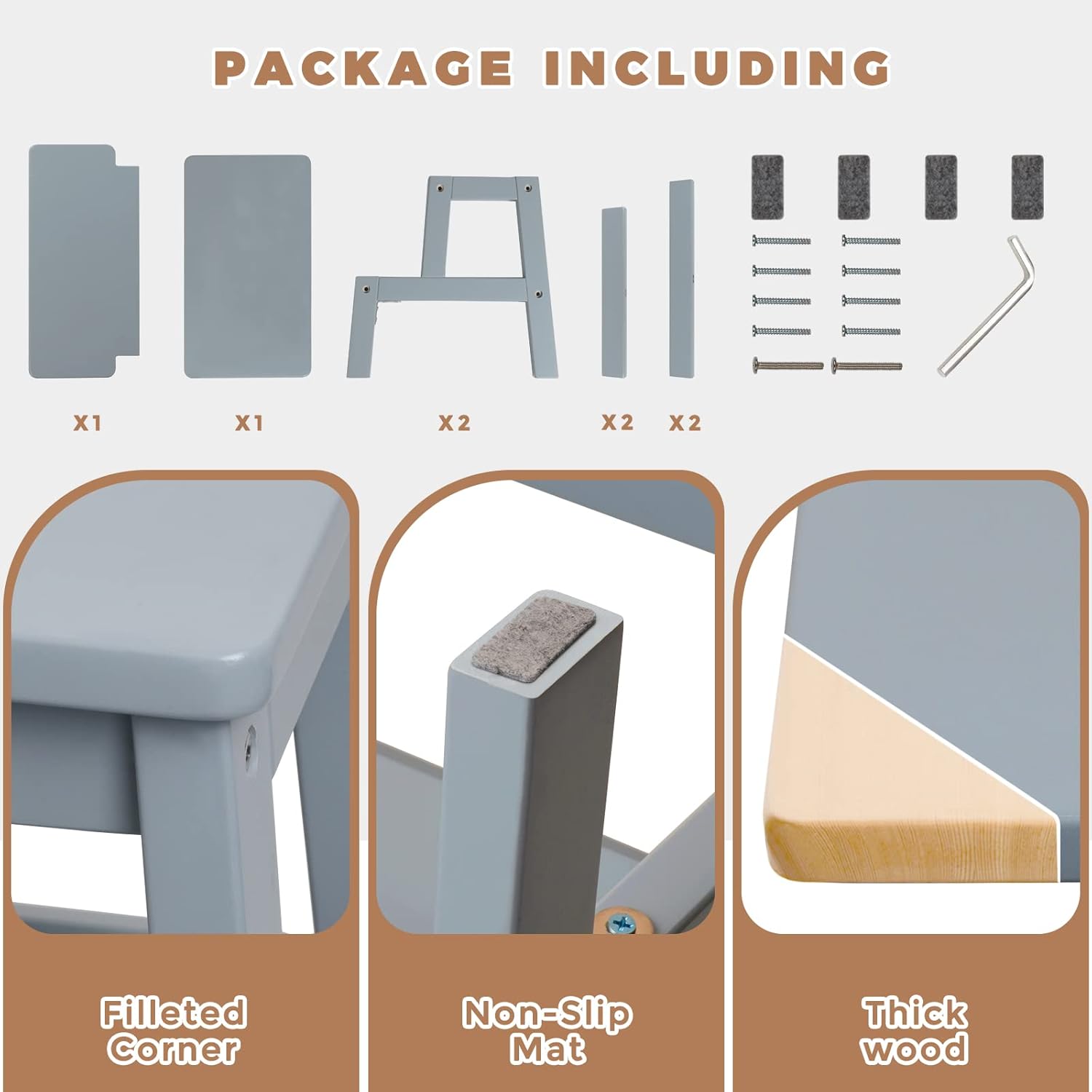 HOUCHICS Taburete de madera para adultos y niños, taburete de cama de madera maciza, taburete multiusos de 2 pasos para cocina, cama, baño (gris)