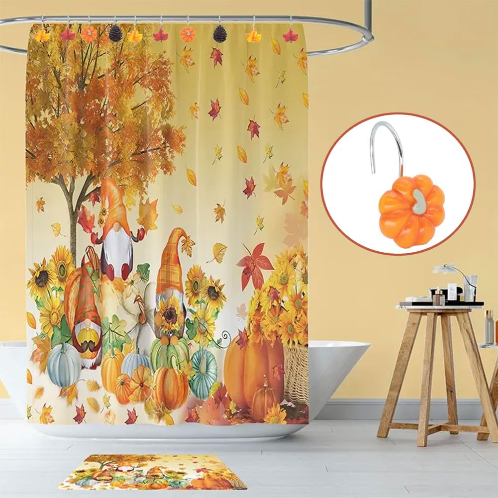 Ganchos para cortina de ducha de otoño y otoño, accesorios de decoración de baño, metal a prueba de óxido, hojas de arce, calabazas, piñas, hojas de