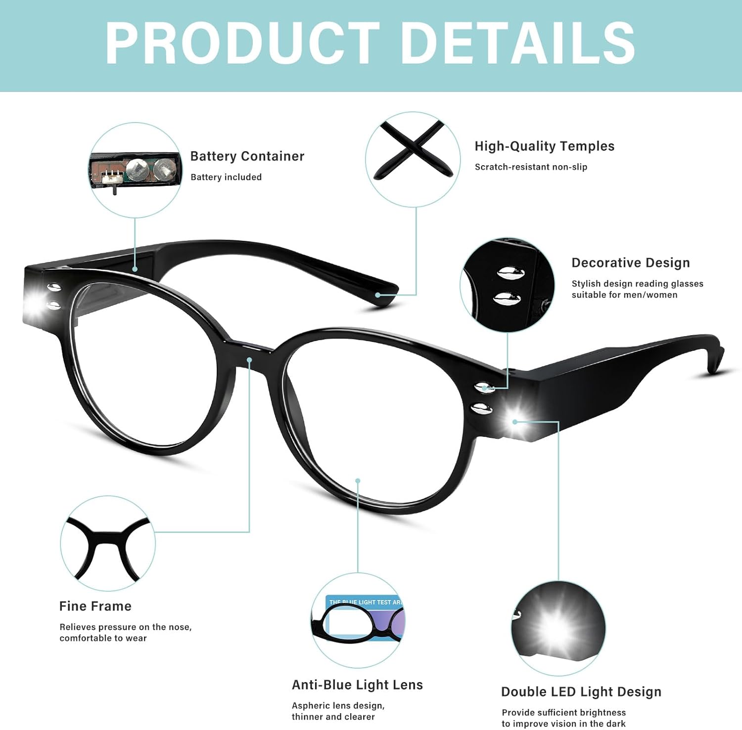 Gafas de lectura con luces LED brillantes, lupas con luces, anteojos de lectura con luz LED, bloqueo de luz azul, lupa iluminada, para lector