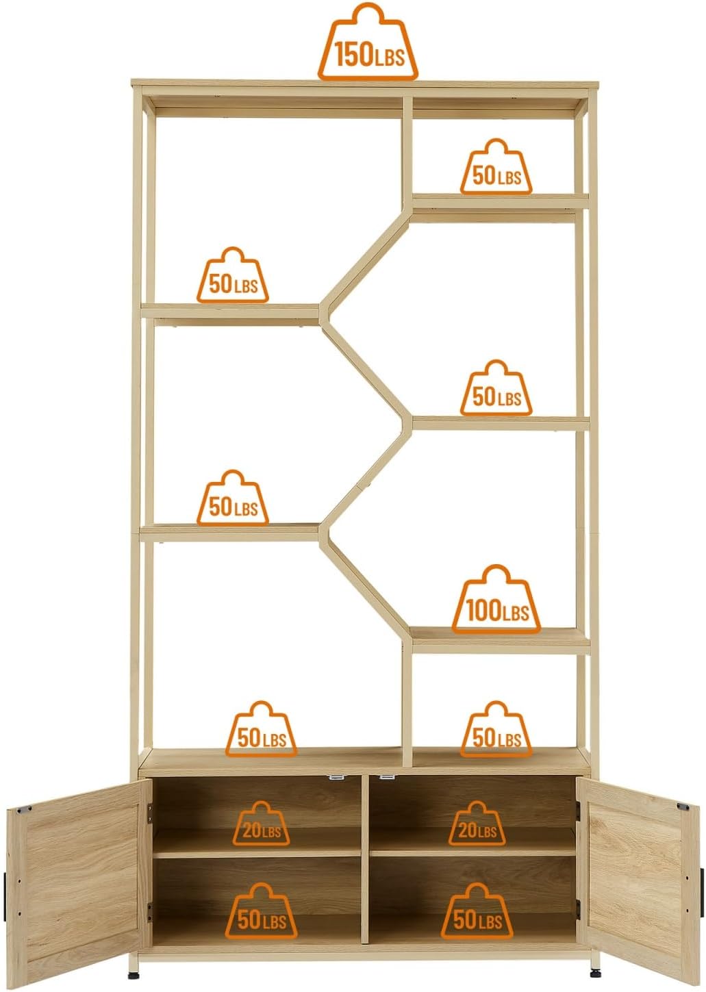Estantería y estantería de granja con armario de almacenamiento y puerta, estantes de almacenamiento de 7 niveles, estante de madera de ratán de 76