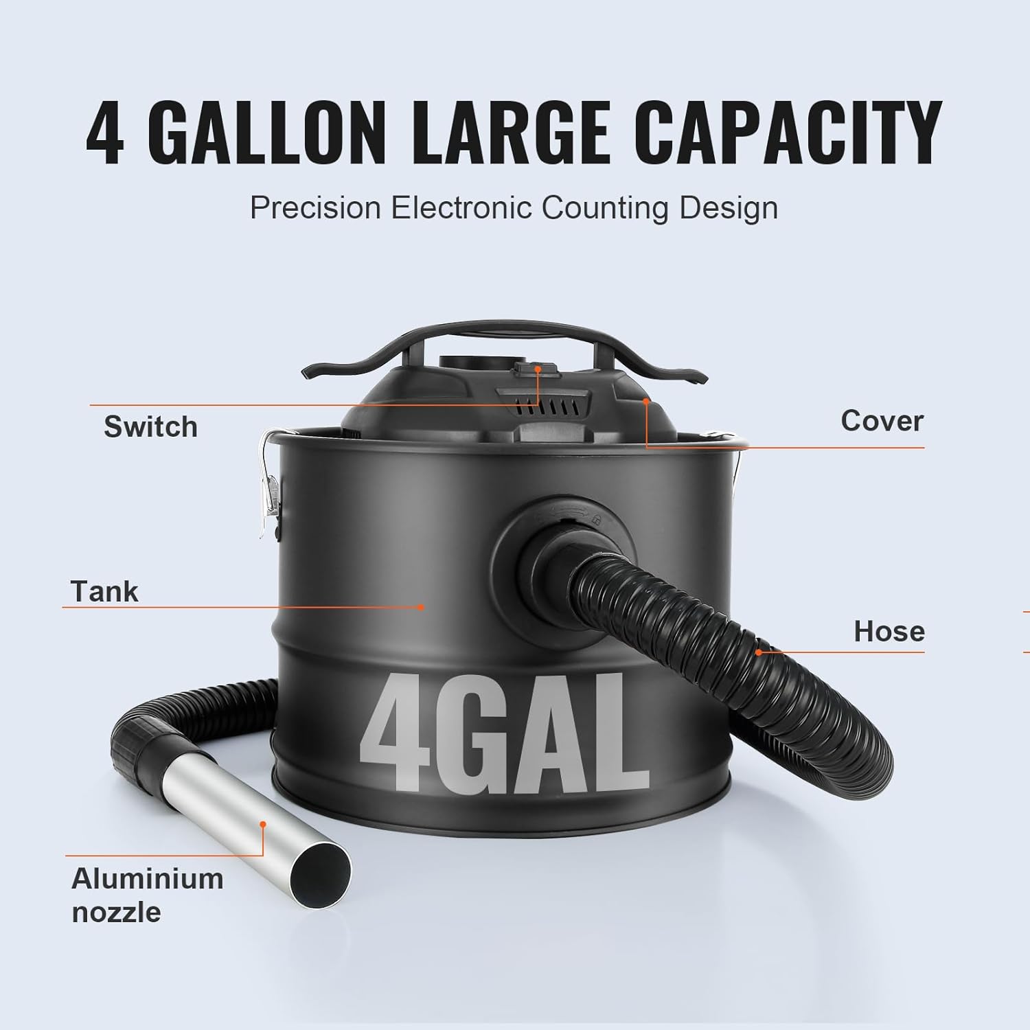 VEVOR Aspiradora de 4 galones con potente succión de 1200 W, colector de aspiradora de cenizas con manguera flexible de 47.2 pulgadas, para