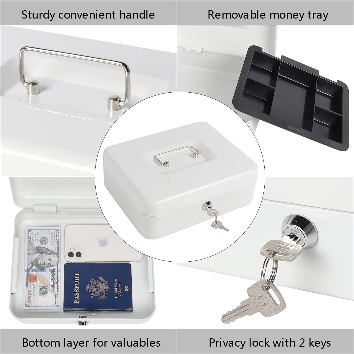 Kasten Caja de efectivo con bandeja para dinero y cerradura de llave, organizador de dinero para efectivo, 9.84 x 7.87 x 3.54 pulgadas, blanco medio