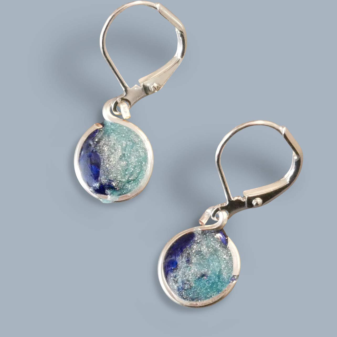 Handmade Lightweight 2 Tone Blue Resin Small Drop Earrings Beads by Bettina
