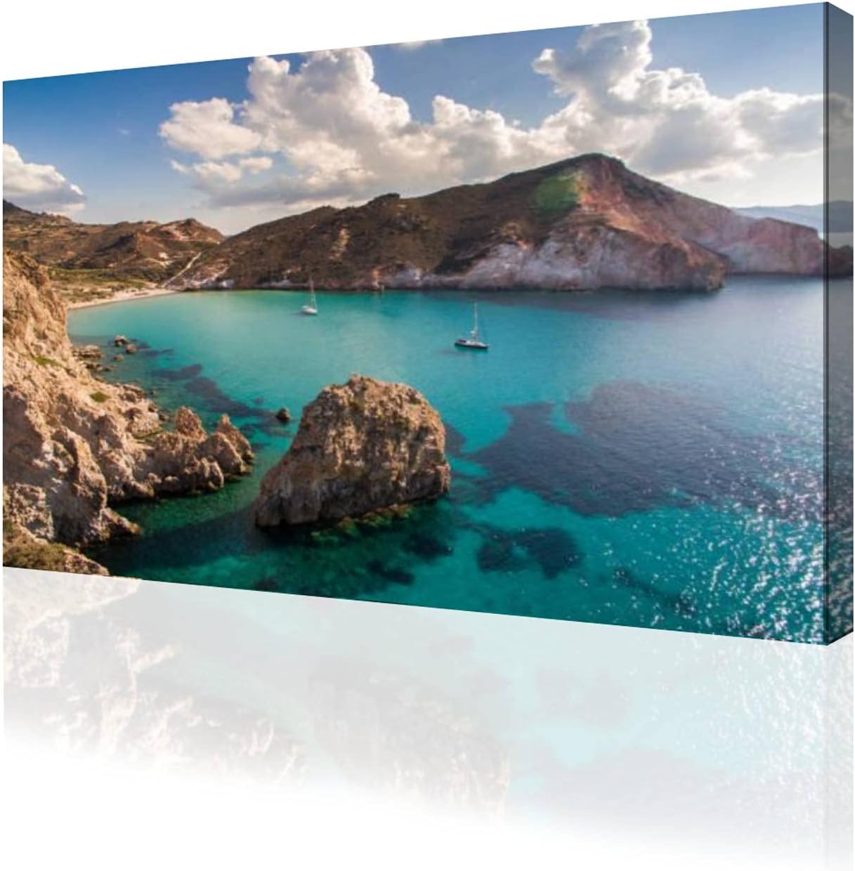 Lienzo decorativo para pared, diseño de veleros anclado en la bahía de Milos Island. Póster impreso sobre lienzo enmarcado con Giclée listo para