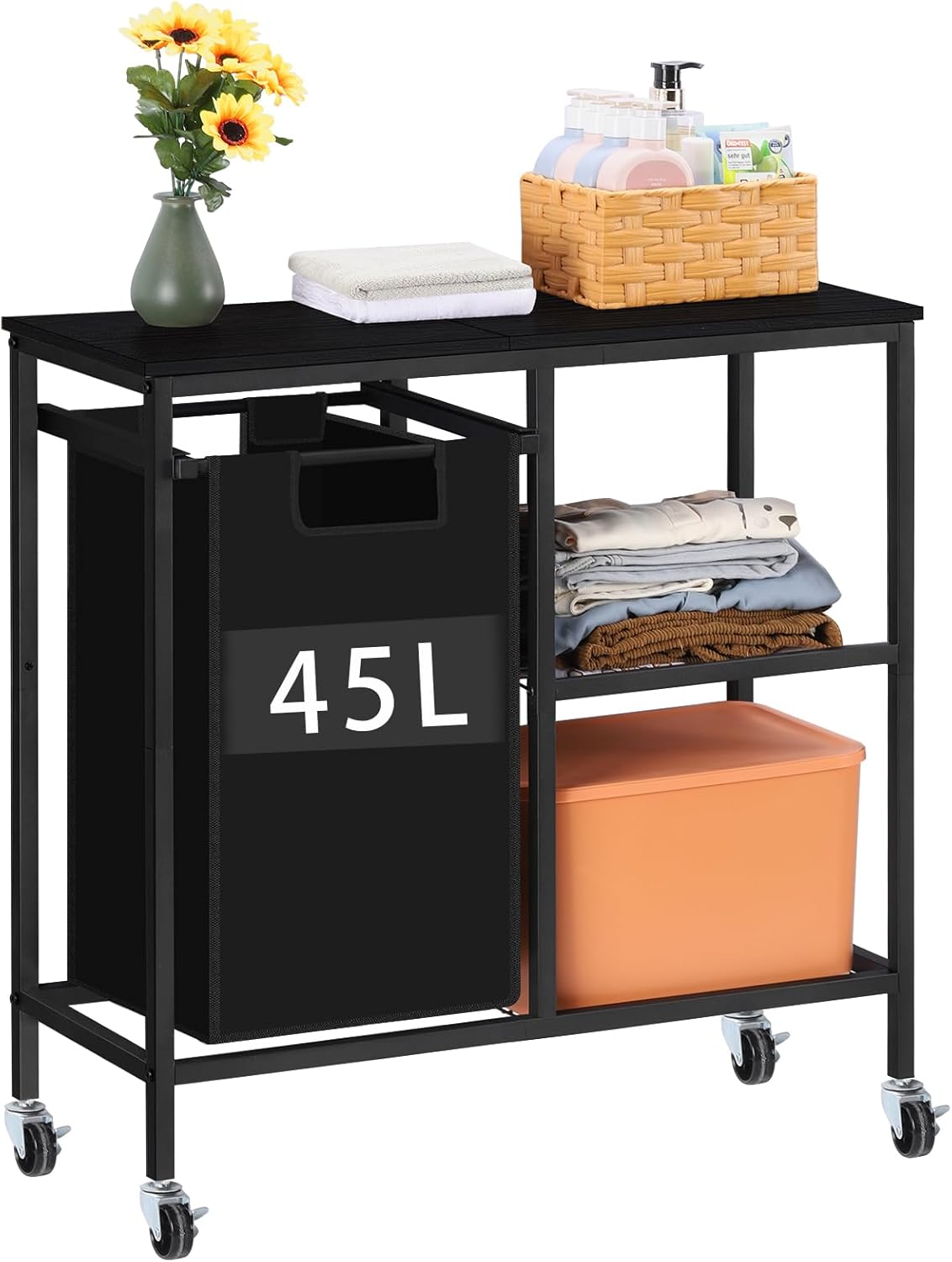 Clasificador de ropa con estante lateral de hierro, cestas de lavandería con bolsas extraíbles y extraíbles de 45 L, cesta de ropa con ruedas,