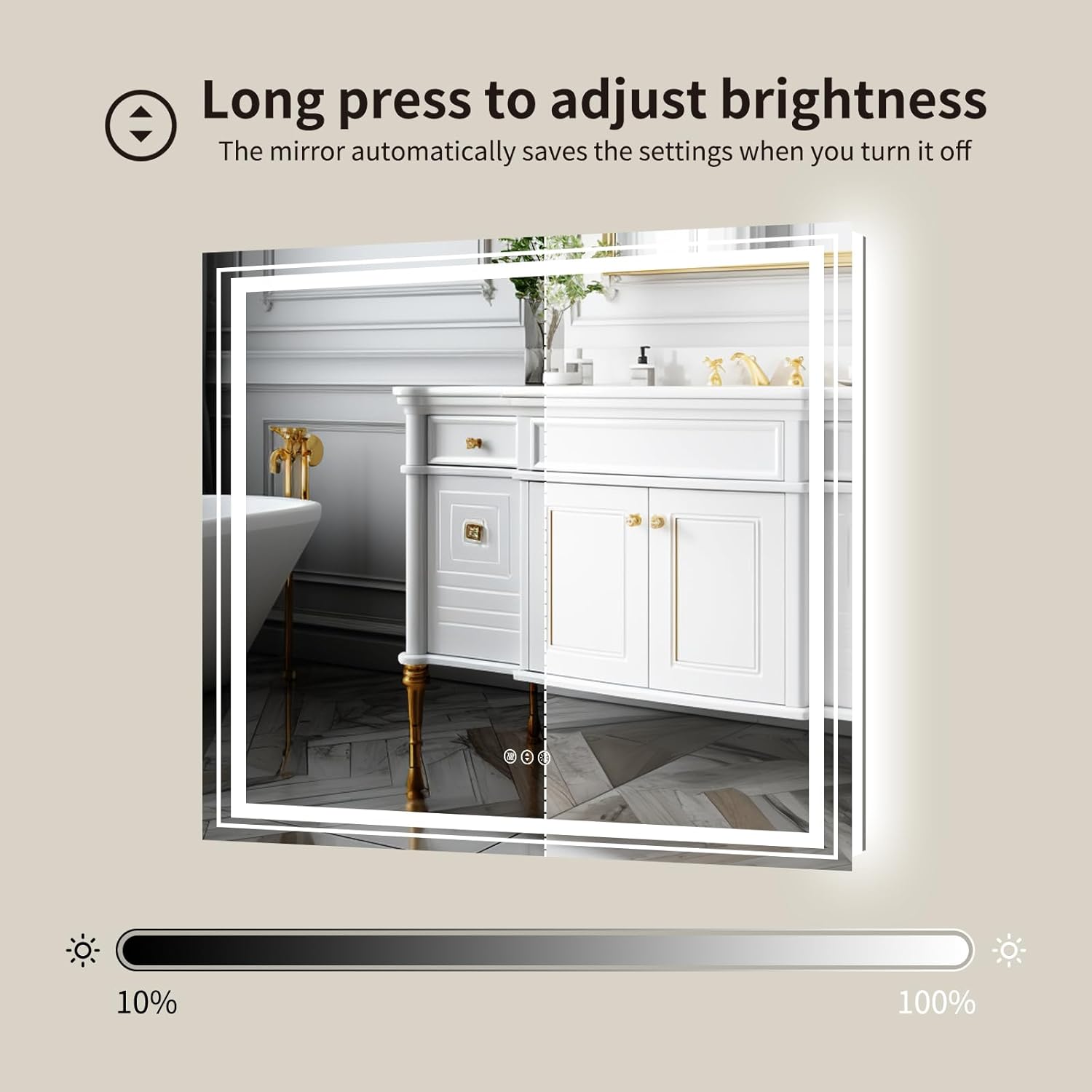 Espejo de baño LED de 32 x 32 pulgadas con retroiluminación y luz frontal, espejo LED regulable sin pasos para baño, espejo de tocador de baño con