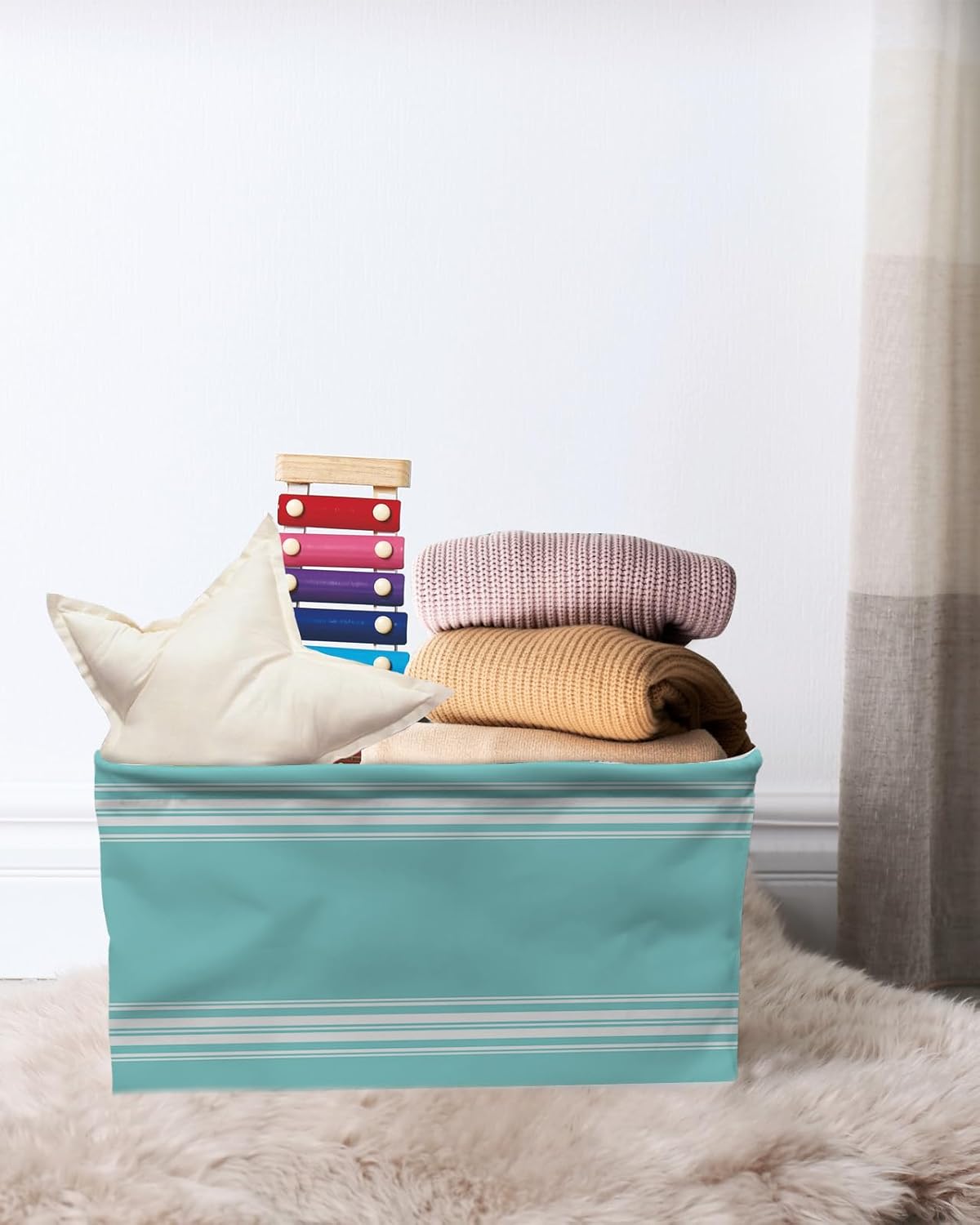 Cesta de almacenamiento a rayas aguamarina para organizar estantes, cajas de almacenamiento plegables con asa, lujosas rayas blancas modernas, arte