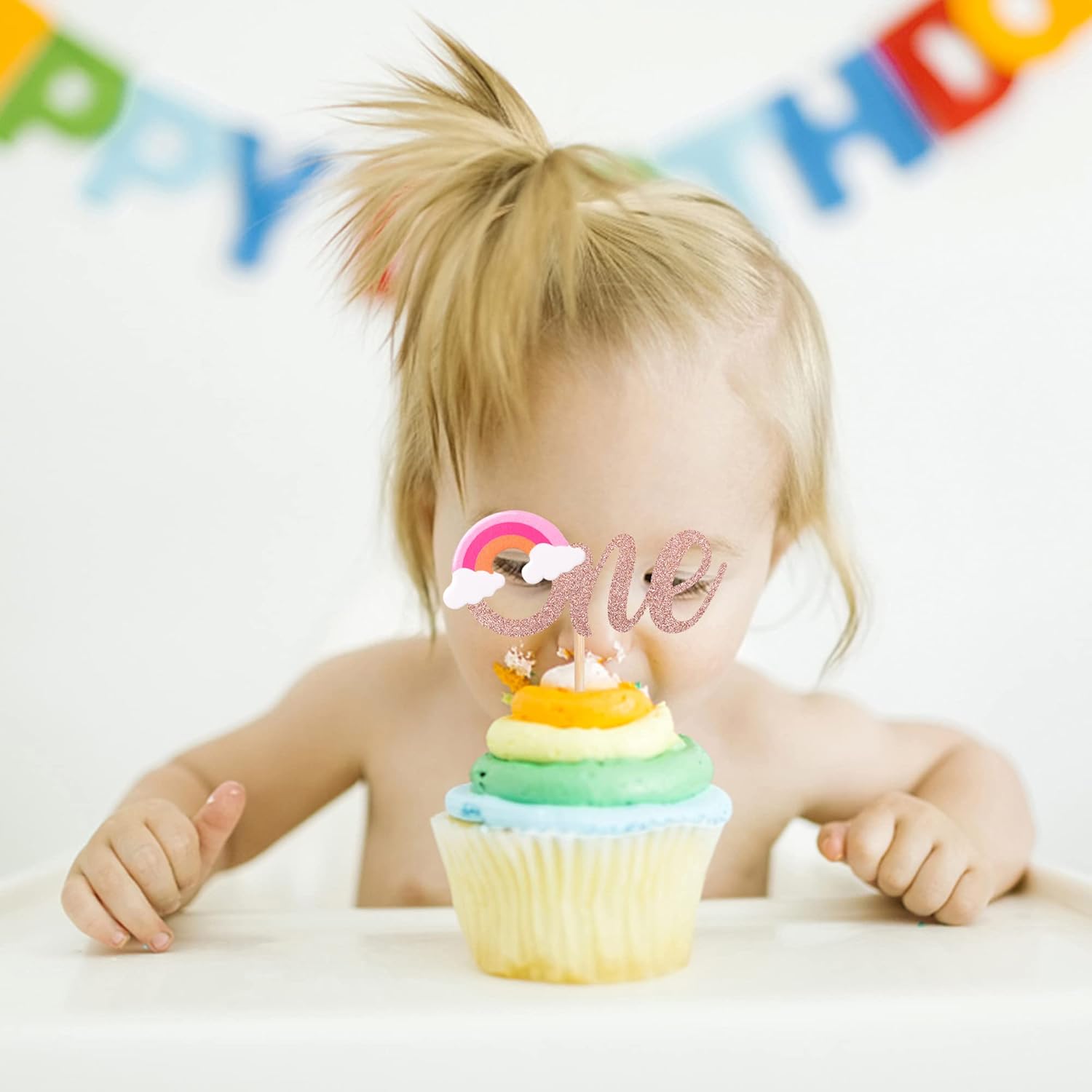 Paquete de 24 adornos para cupcakes de arcoíris con purpurina para el primer cumpleaños, decoración para baby shower, niñas, niños, fiesta de primer