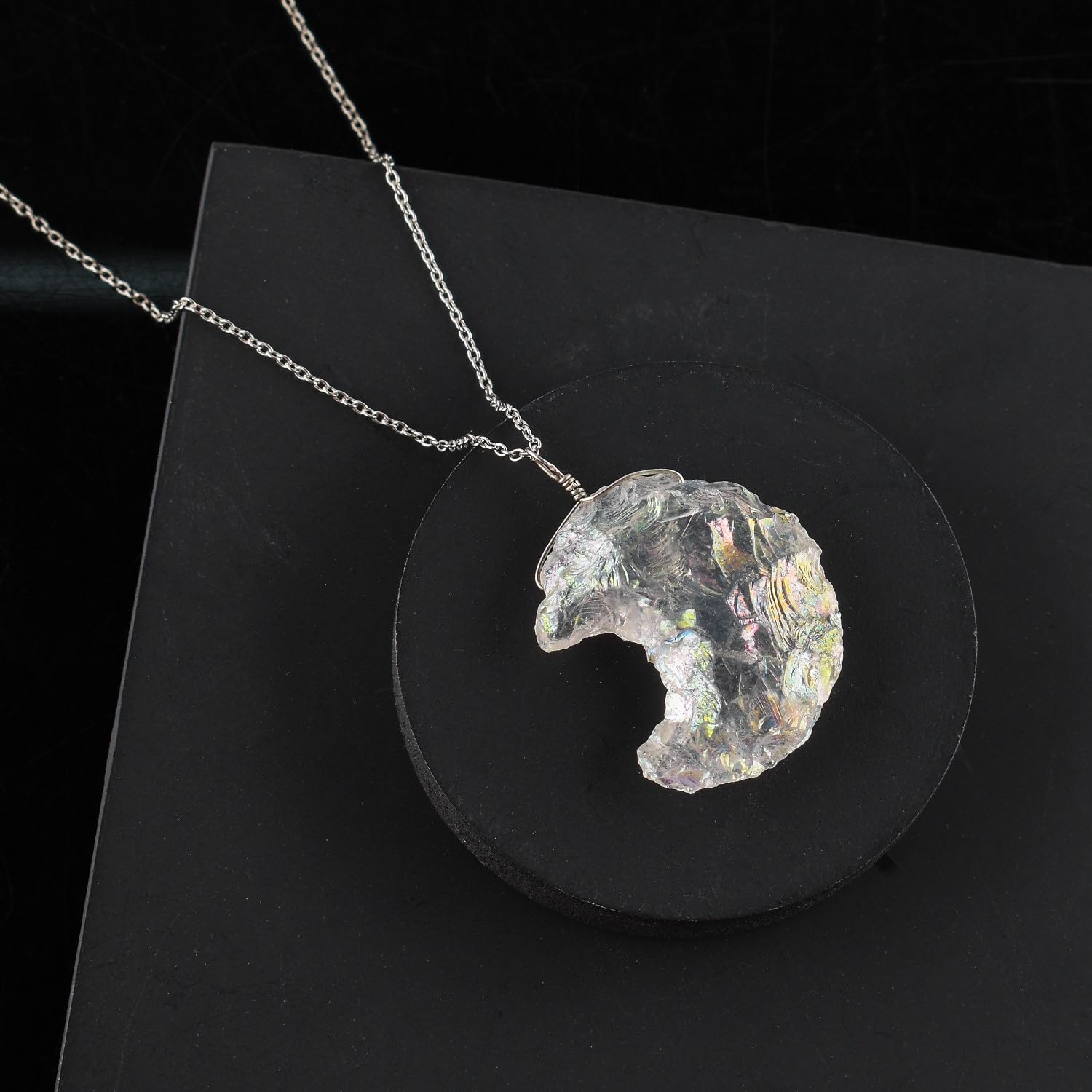 Moon-Shaped Angel Aura Quartz Pendant – Artisan Hammered Finish – Rhodium Plated Sterling Silver – Celestial Healing Crystal Necklace – Fashionable