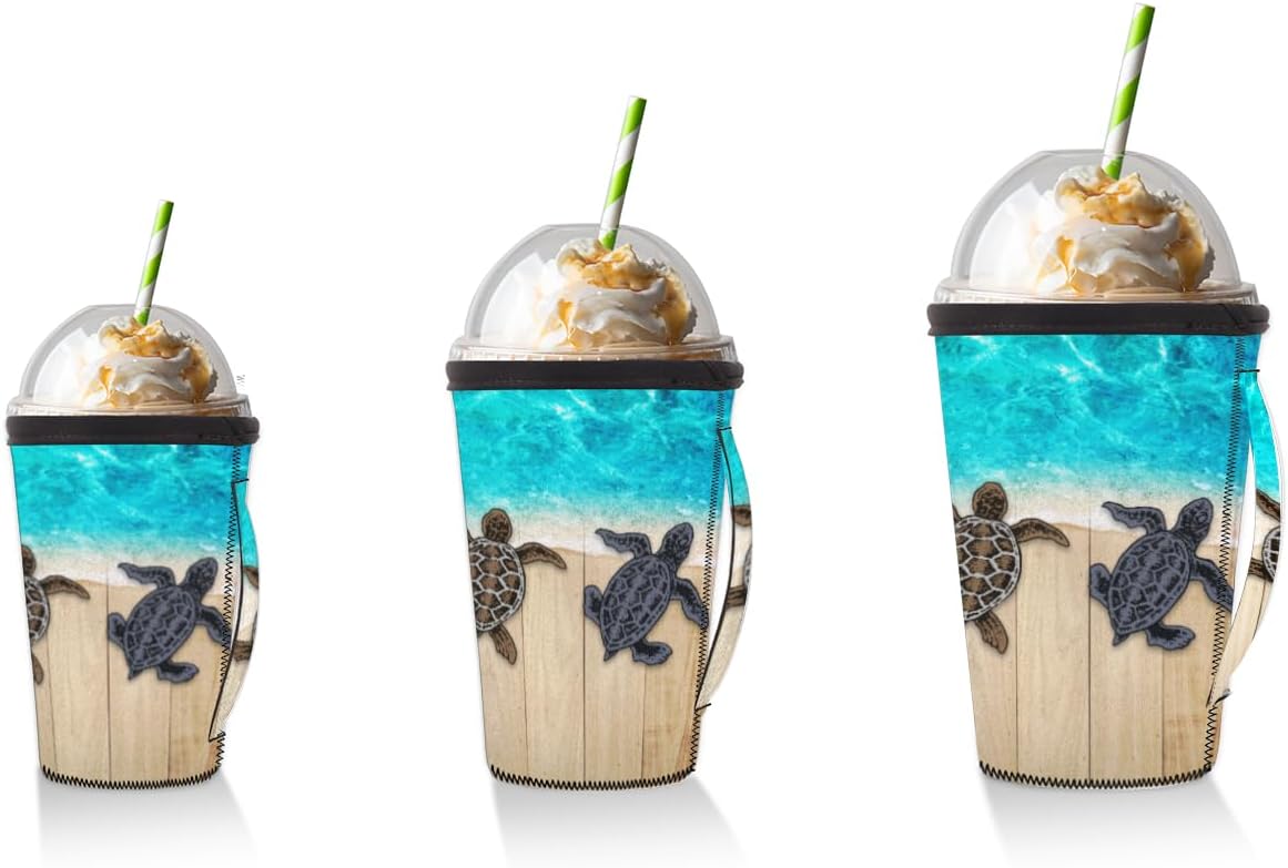 Funda de neopreno reutilizable para café helado de tortuga marina con asa, funda aislante de neopreno reutilizable de madera para bebidas calientes