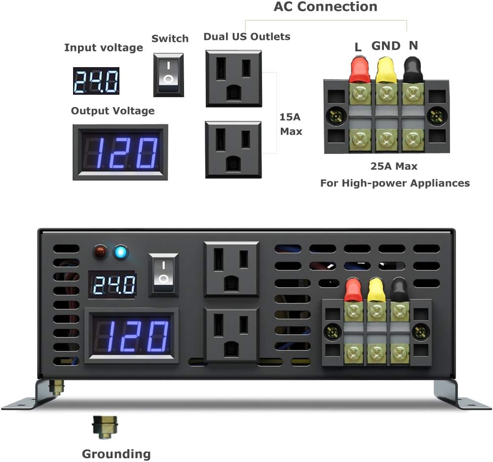 WZRELB Inversor de energía solar confiable de 3000 W fuera de la red Convertidor de voltaje de 24 V CC Pantalla LED de onda sinusoidal pura Dual