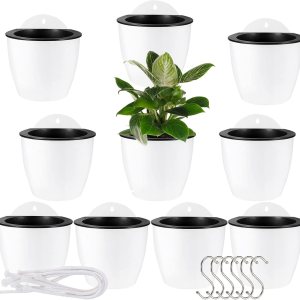 10 macetas colgantes de riego automático, macetas blancas de 7 pulgadas montadas en la pared con ganchos y cuerdas, macetas de plástico colgantes de 10 macetas colgantes de riego automático, macetas blancas de 7 pulgadas montadas en la pared con ganchos y cuerdas, macetas de plástico colgantes de