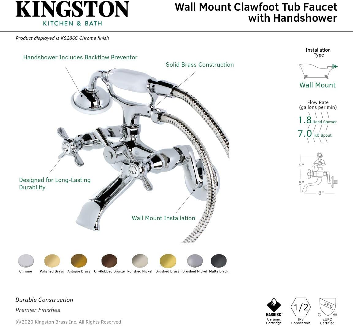 Kingston Brass KS286PB Essex – Grifo de bañera de pared con ducha de mano, alcance de boquilla de 7-14 pulgadas, latón pulido