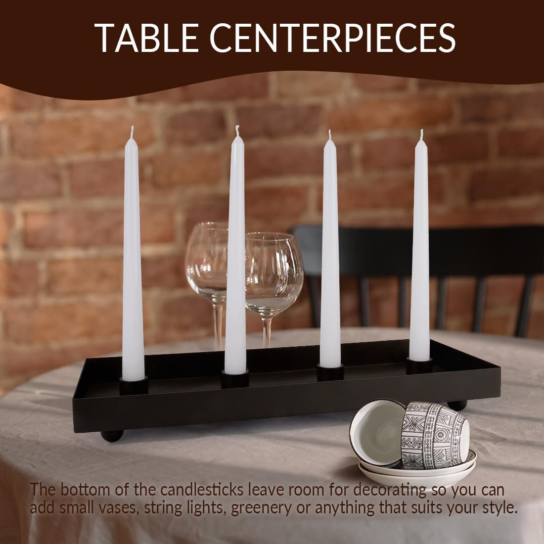 TELOSMA Bandeja portavelas de 4 asientos, soporte de velas de hierro negro mate para velas cónicas  Bandeja decorativa de mesa de comedor de fiesta,
