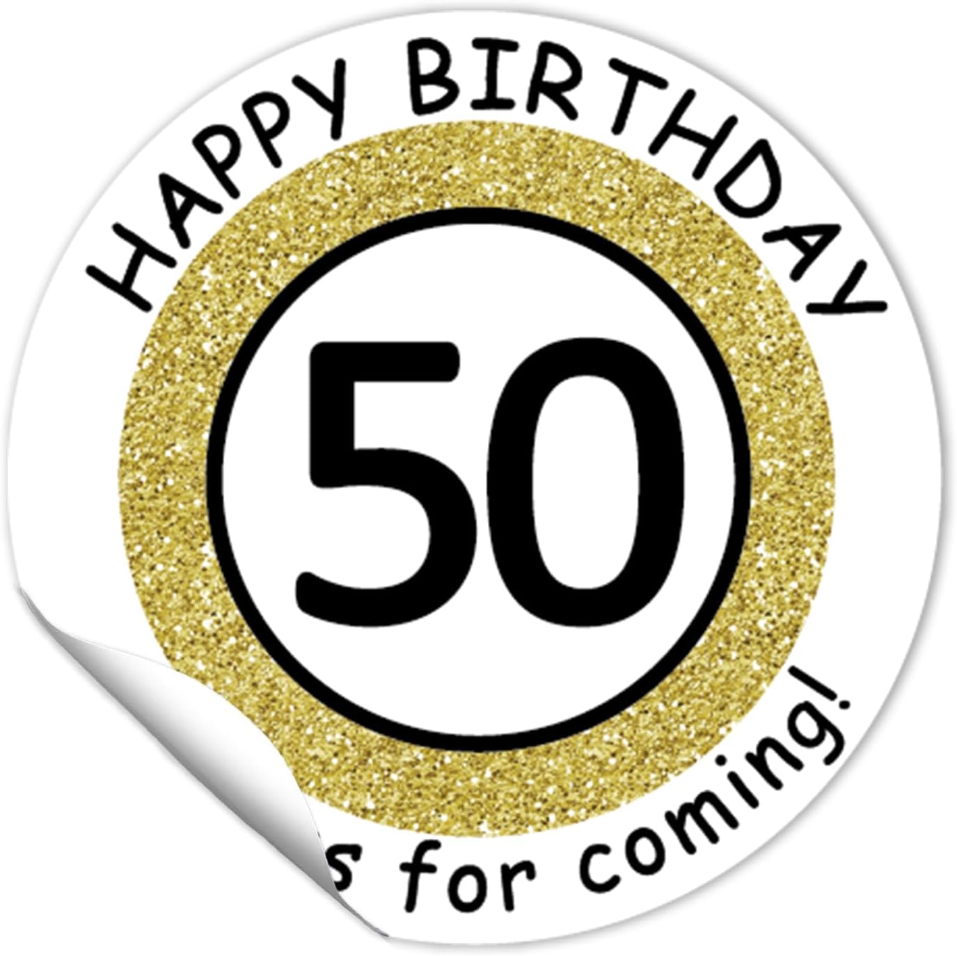 Calcomanías redondas de 1.5 pulgadas para cumpleaños número 50 (80 piezas) de oro blanco con texto en inglés “Happy 50th Birthday”, calcomanías
