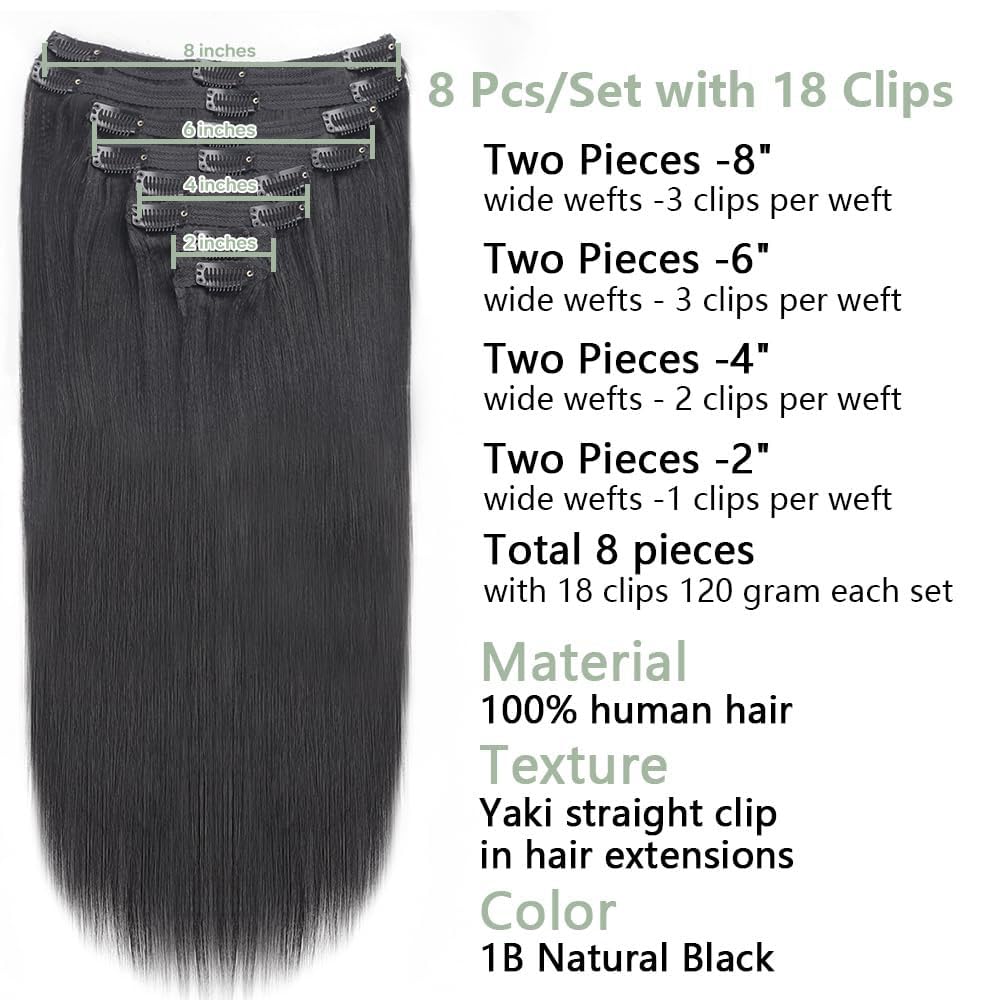 Lysilf Yaki – Extensiones de cabello lacio con clip para mujeres negras, cabello humano virgen brasileño, lacio, con clip, 8 piezas con 18 clips,