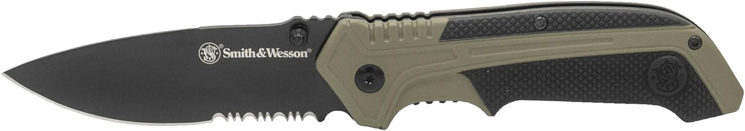 Smith & Wesson Cuchillo plegable asistido por resorte SS de alto carbono de 7.75 pulgadas con hoja dentada de punto de caída de 3.25 pulgadas y