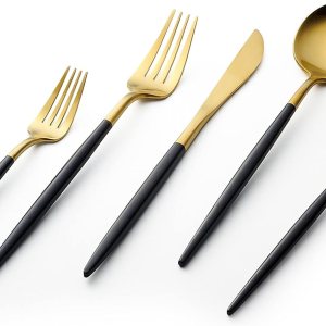 Vikko Decor Modern – Juego de cubiertos negros y dorados, acero inoxidable 1810, elegantes cubiertos de mango largo, cubiertos de dos tonos para Vikko Decor Modern – Juego de cubiertos negros y dorados, acero inoxidable 1810, elegantes cubiertos de mango largo, cubiertos de dos tonos para