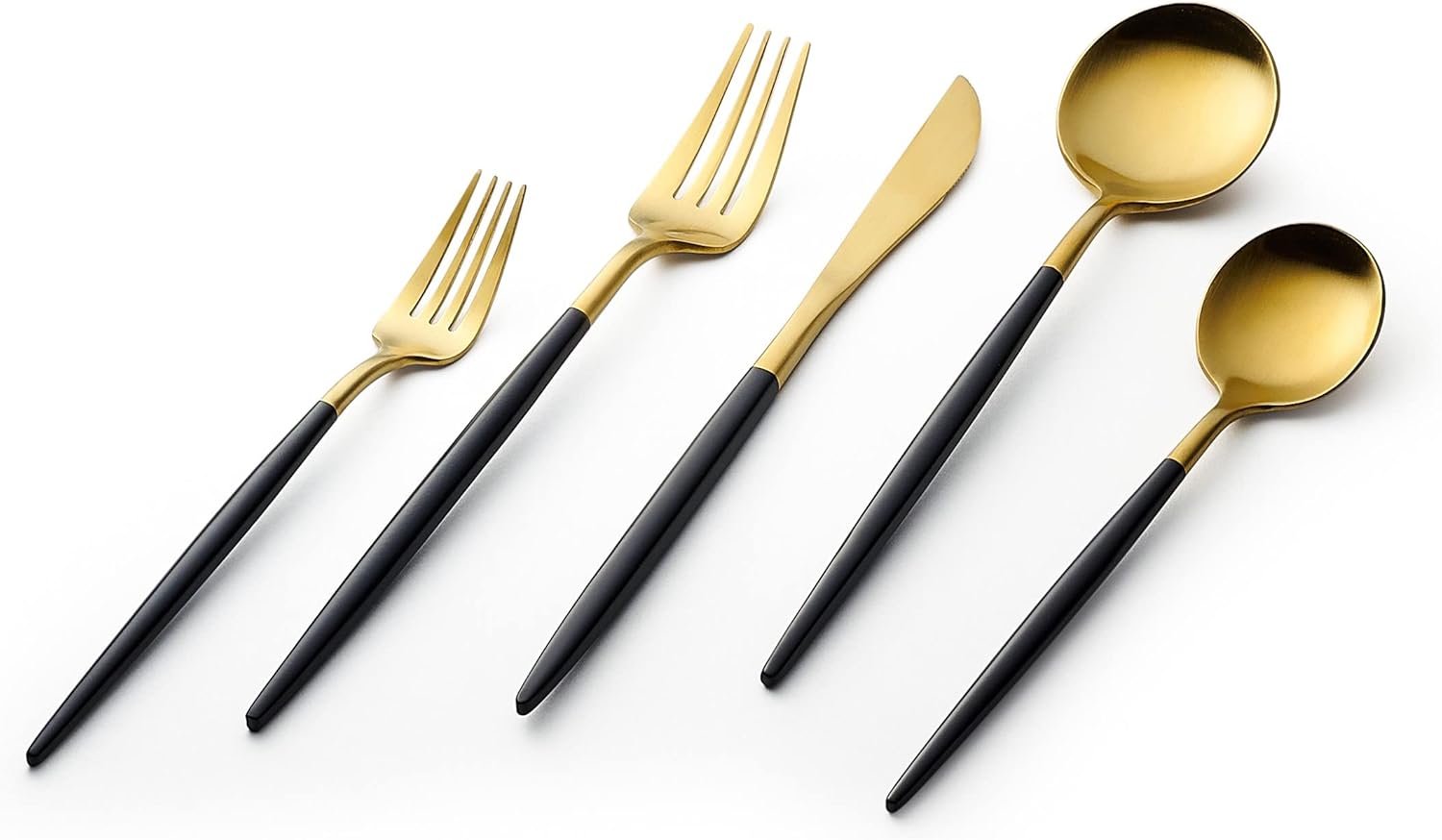 Vikko Decor Modern – Juego de cubiertos negros y dorados, acero inoxidable 1810, elegantes cubiertos de mango largo, cubiertos de dos tonos para