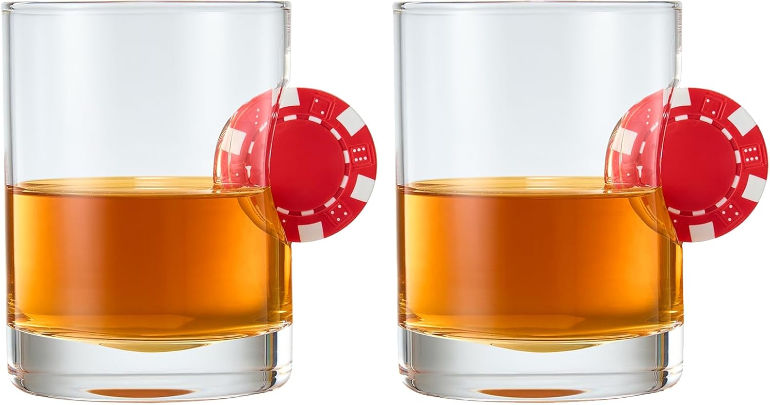 Poker Chip – Vasos de whisky y vino  Juego de 2  Up The Ante Stuck In The Glass Poker Chip – Cristalería de cóctel, regalo para jugador, cristalería