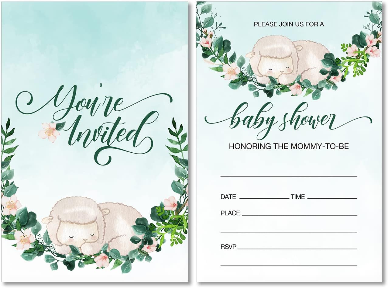 Greenery Sheep Baby Shower – Invitaciones para fiesta de baby shower con sobres, juego de 20 invitaciones de cordero, baby shower, género neutro,