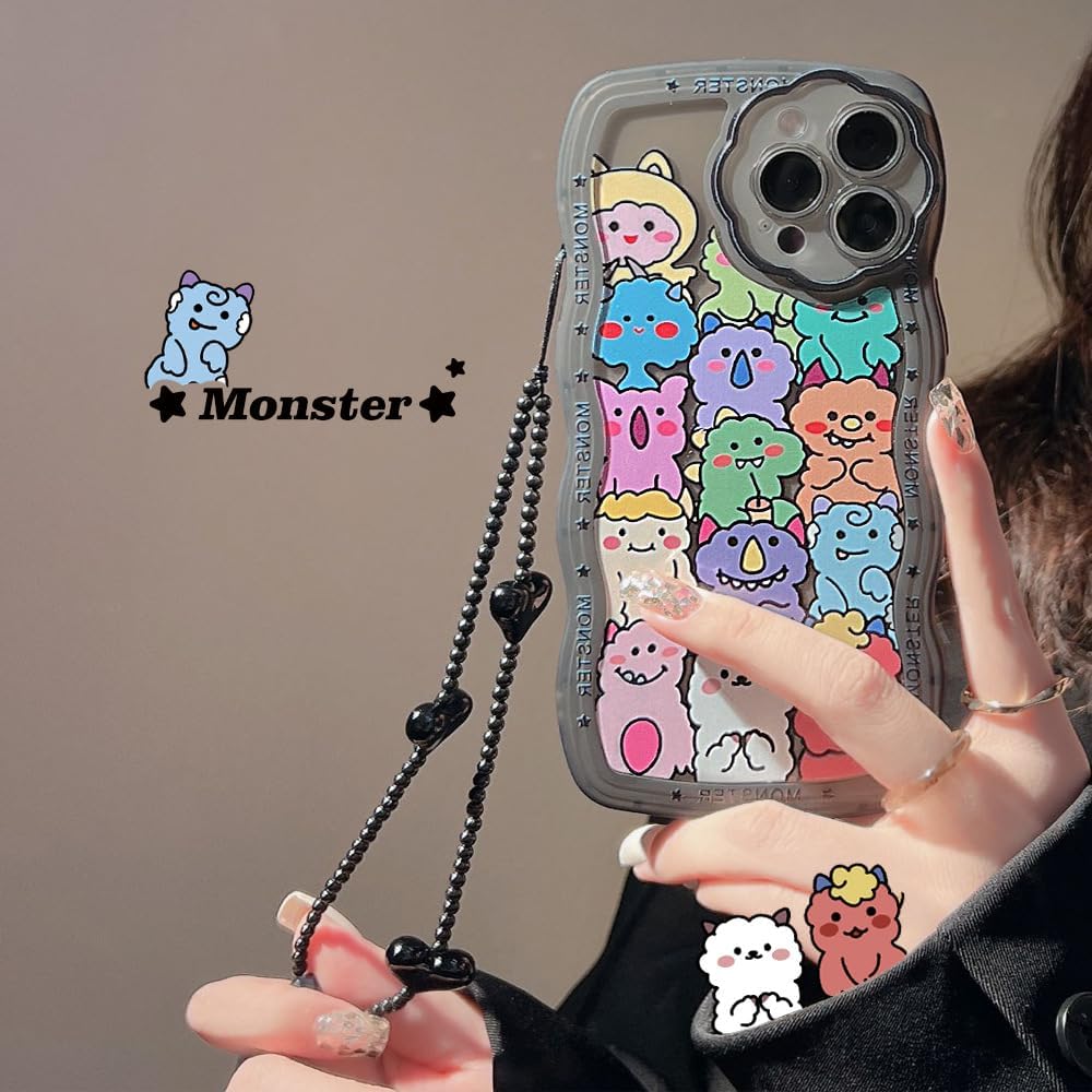 LOLAGIGI Funda negra para iPhone 13 Pro Max con forma de marco de onda rizada de monstruos de dibujos animados Kawaii, diseño femenino de dibujos