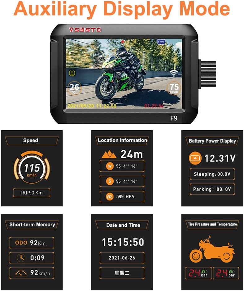VSYSTO Cámara WiFi para salpicadero de motocicleta, sensores de presión de neumáticos, pantalla de 4 pulgadas, WDR HD 1080P, lente ojo de pez gran