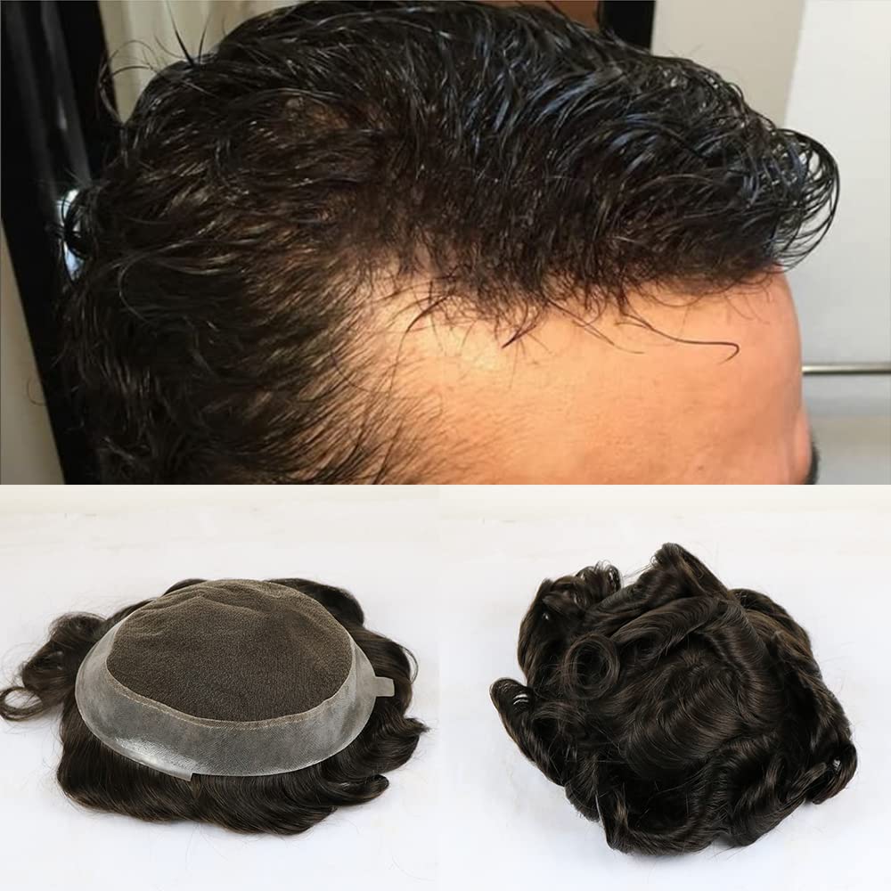 SIMBEAUTY Peluca de encaje francés con base australiana con poliuretano alrededor de los hombres, estilo tupé, cómoda peluca de cabello humano