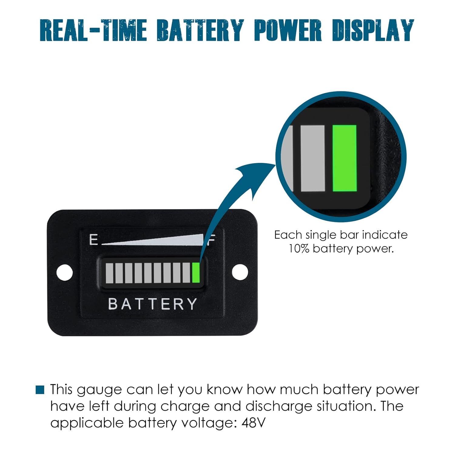 Runleader Medidor de capacidad de batería LED de 48 V, estado de carga y descarga de la batería, aplicable a troyano con batería carrito de golf