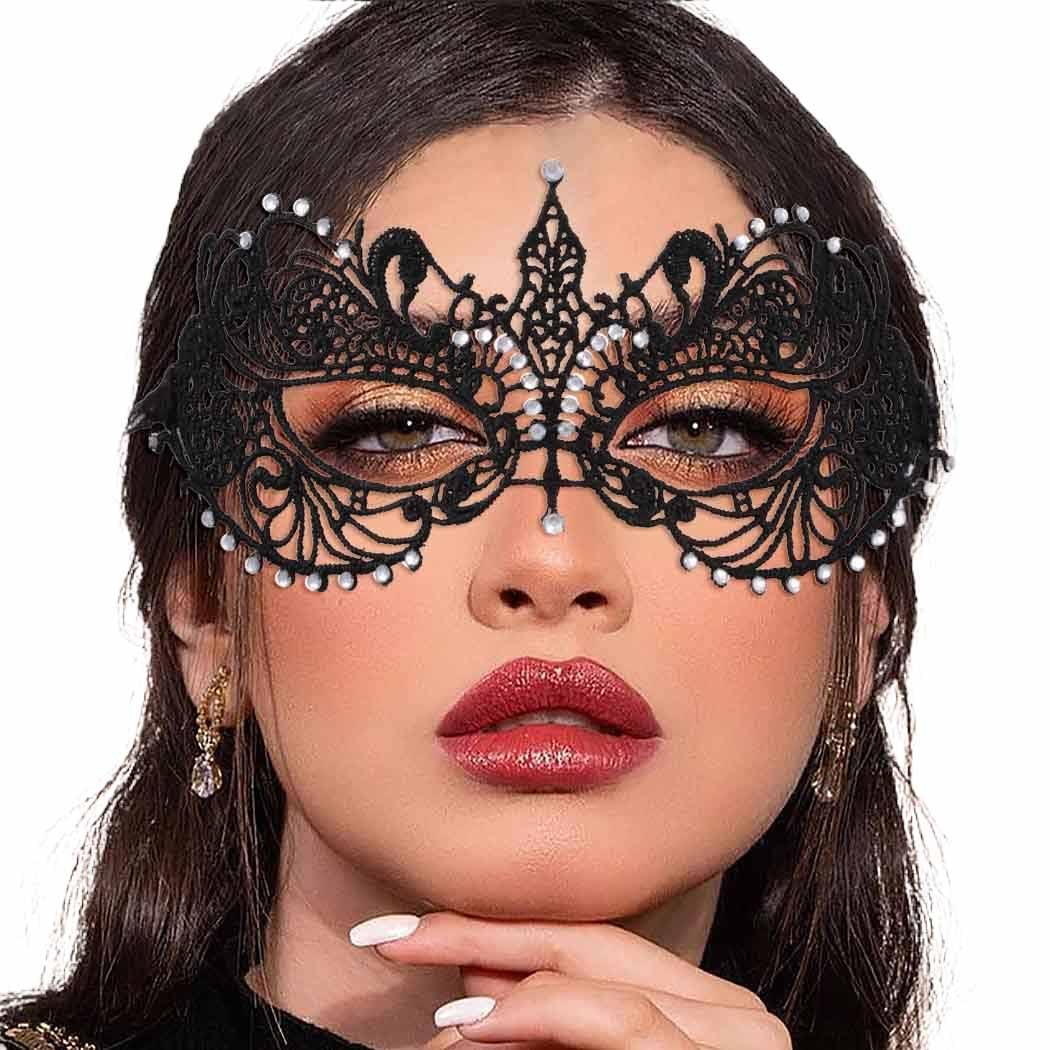 Tgirls Máscara de encaje para mujer, con diamantes de imitación, sexy, máscara facial de encaje, máscara de ojos de Halloween (negro)
