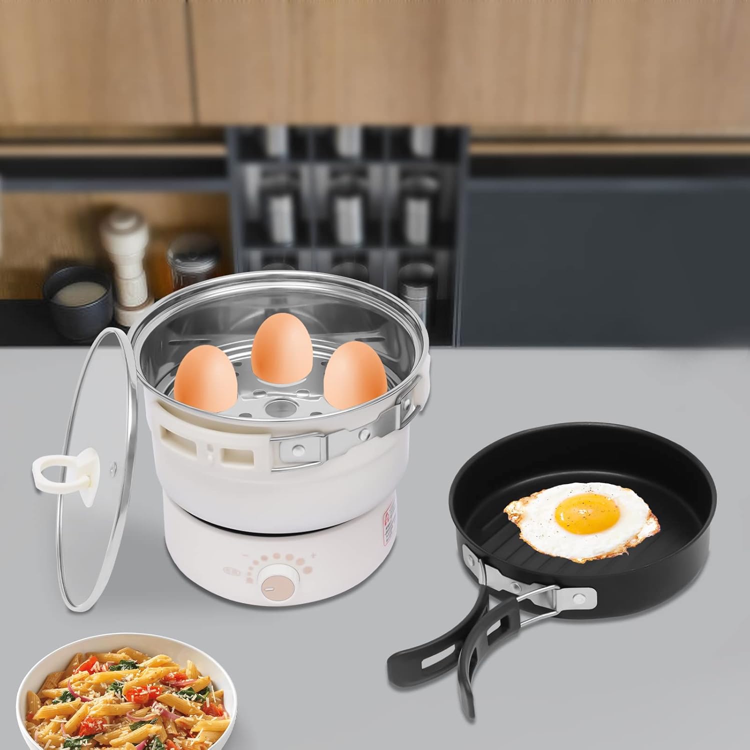 LYNICESHOP Olla eléctrica de cocina caliente, olla caliente de 110 V eléctrica con vaporizador de vapor, mini sartén multifuncional, mini cocina