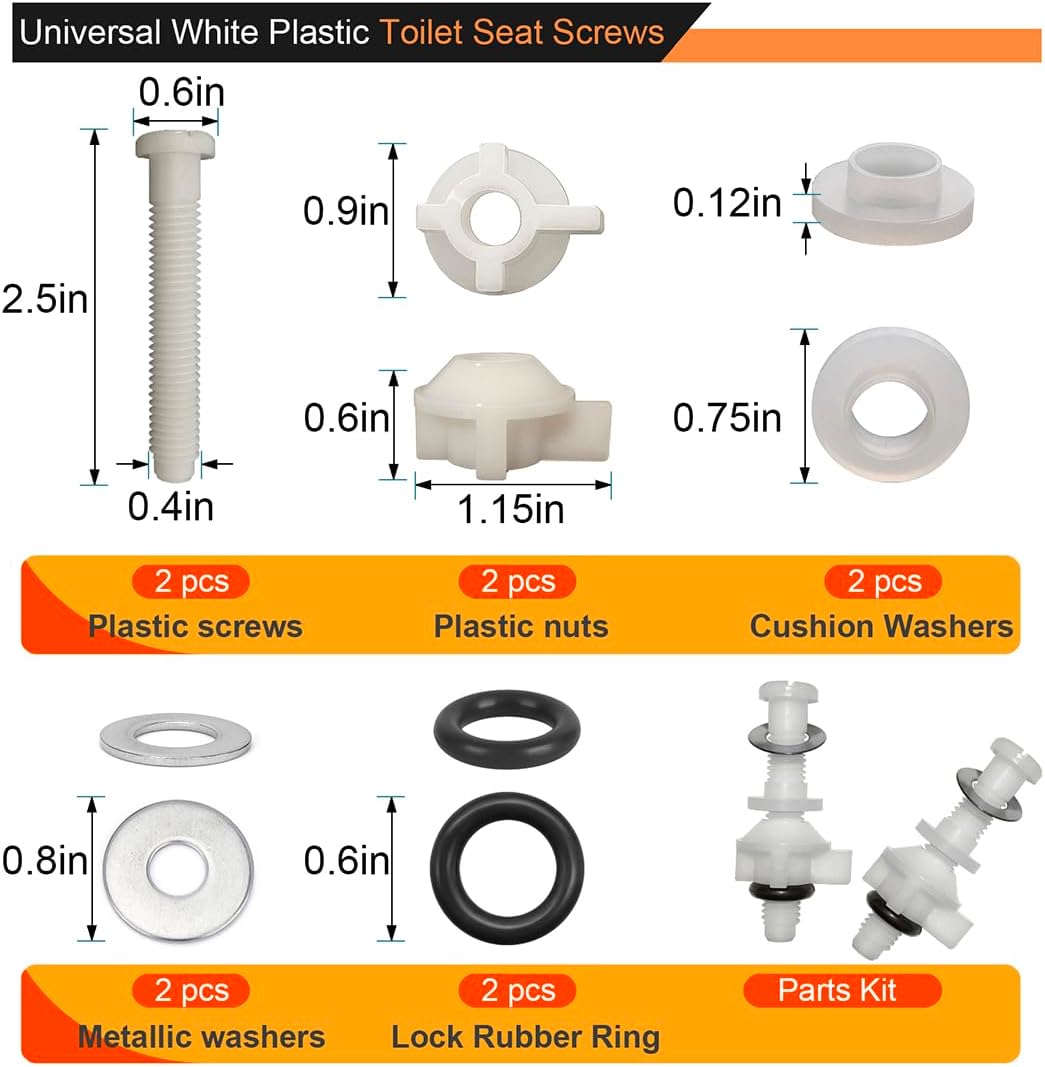 Paquete de 2 tornillos universales de repuesto de plástico blanco para asiento de inodoro, bisagras de asiento de inodoro, pernos y tuercas para