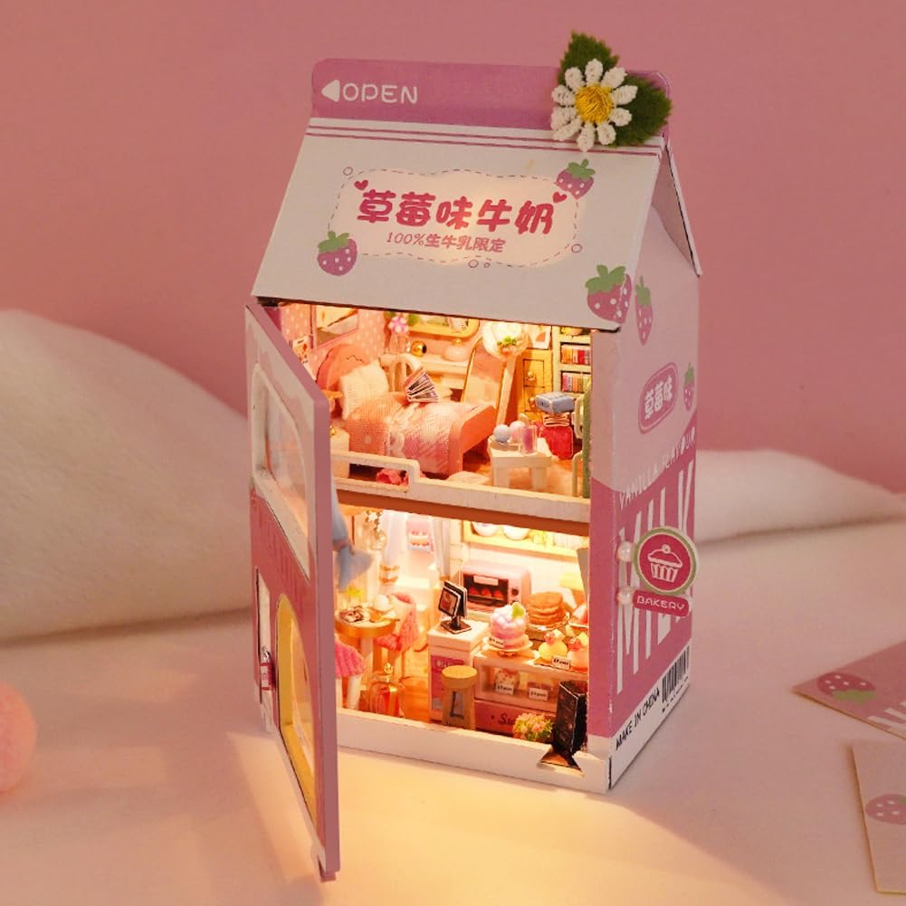 Kit de casa de muñecas en miniatura, casa de muñecas de madera para casa de muñecas con forma de cartón de leche, kits de muebles con luces LED para