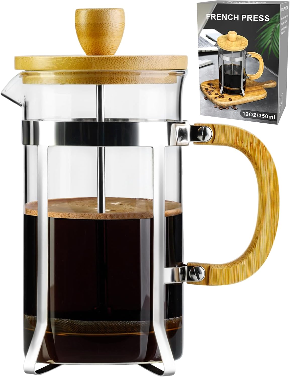 PARACITY Prensa francesa Cafeteratetera de 12 onzas, Prensa grande de cafété con mango de bambú y vidrio resistente al calor, prensa francesa de