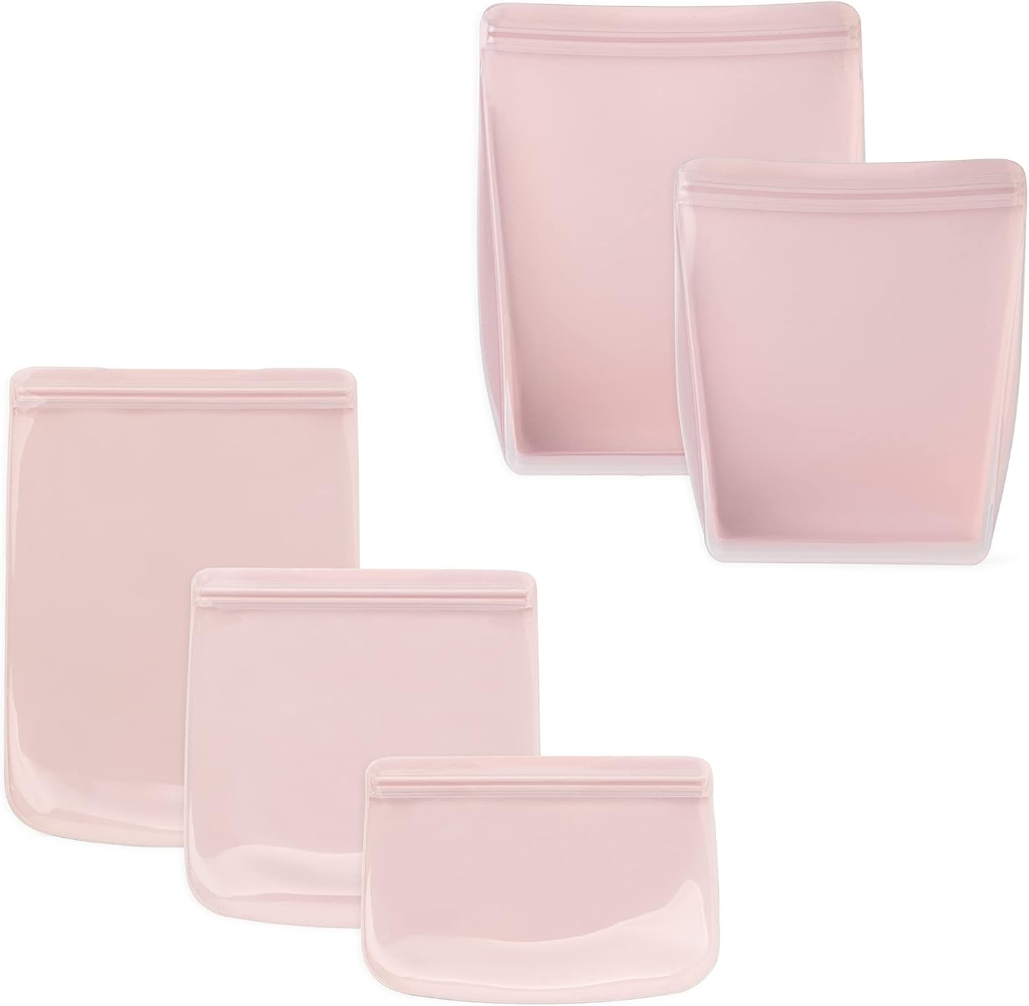 W&P Porter Bolsas de almacenamiento reutilizables de silicona, paquete variado de 5 (10 onzas, 34 onzas, 46 onzas, 36 onzas, 50 onzas), color rubor,