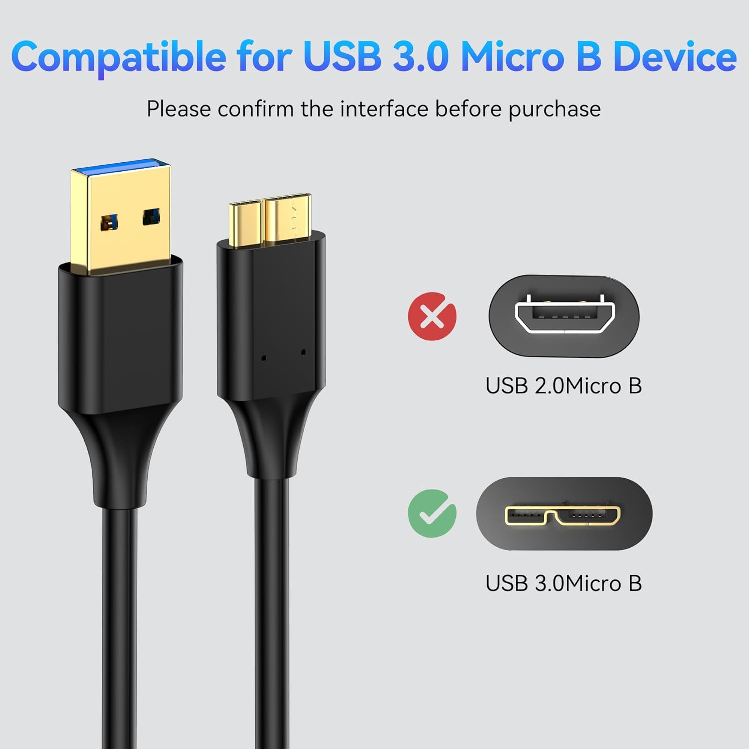 Cable de disco duro USB 3.0 de 1 pie (paquete de 3), cable de carga micro USB a USB A 3.0, enchufes chapados en oro, 5Gbps de alta velocidad,