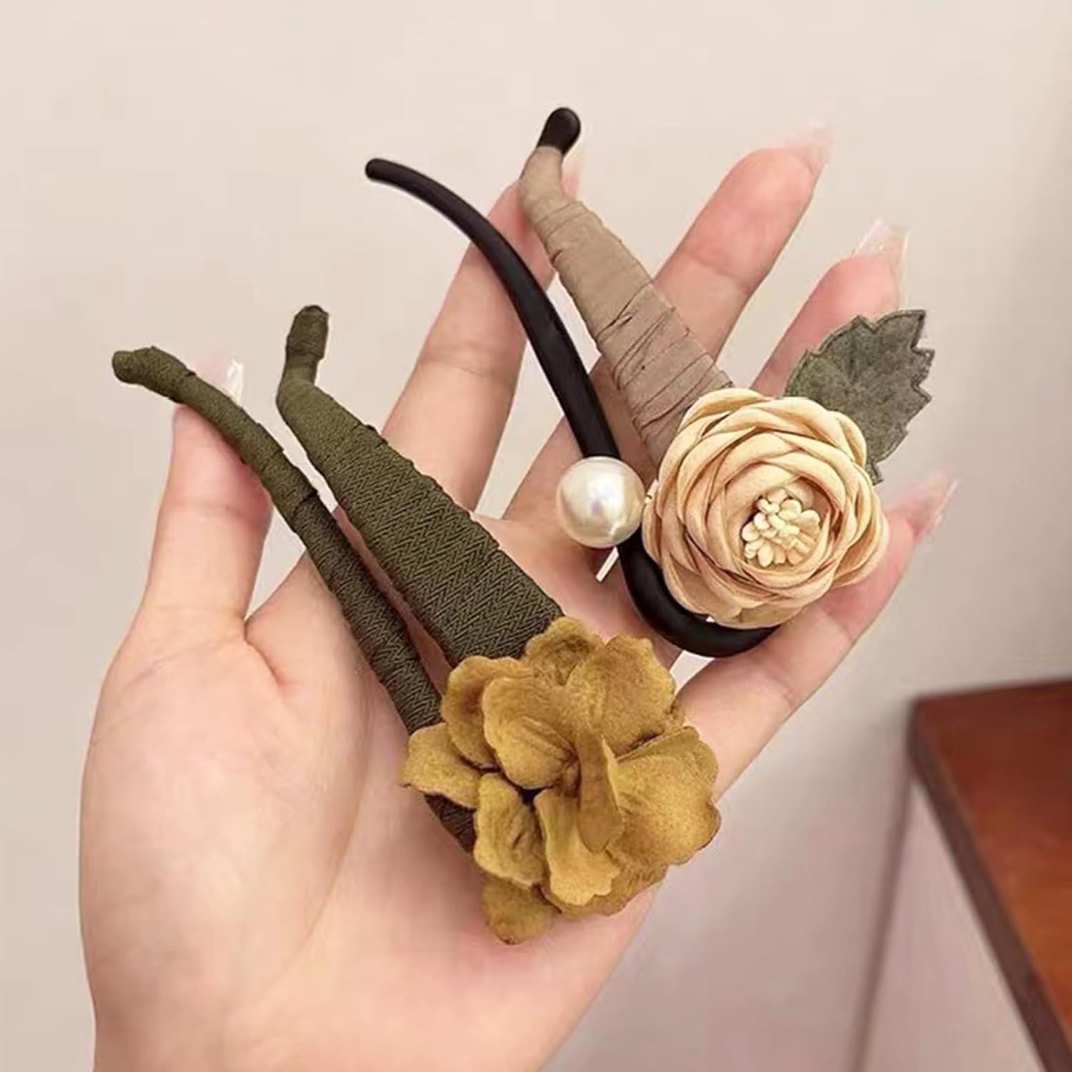 4 pasadores de horquilla de flores, pinzas para el cabello retorcidas con perlas retro para mujeres y niñas, pasadores de pelo antideslizantes,