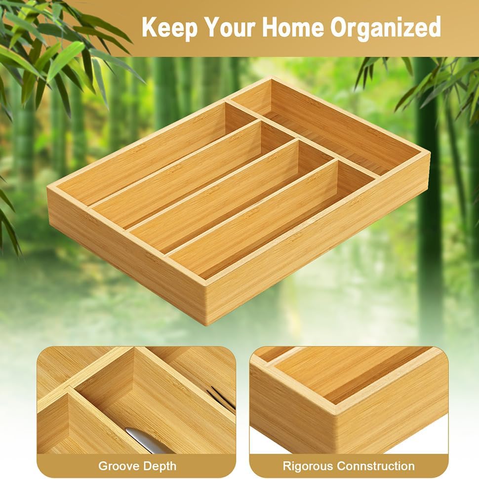 Organizador de cajones de cocina de bambú, organizador de cubiertos para cajones de cocina, bandeja de utensilios y almacenamiento de cubiertos para