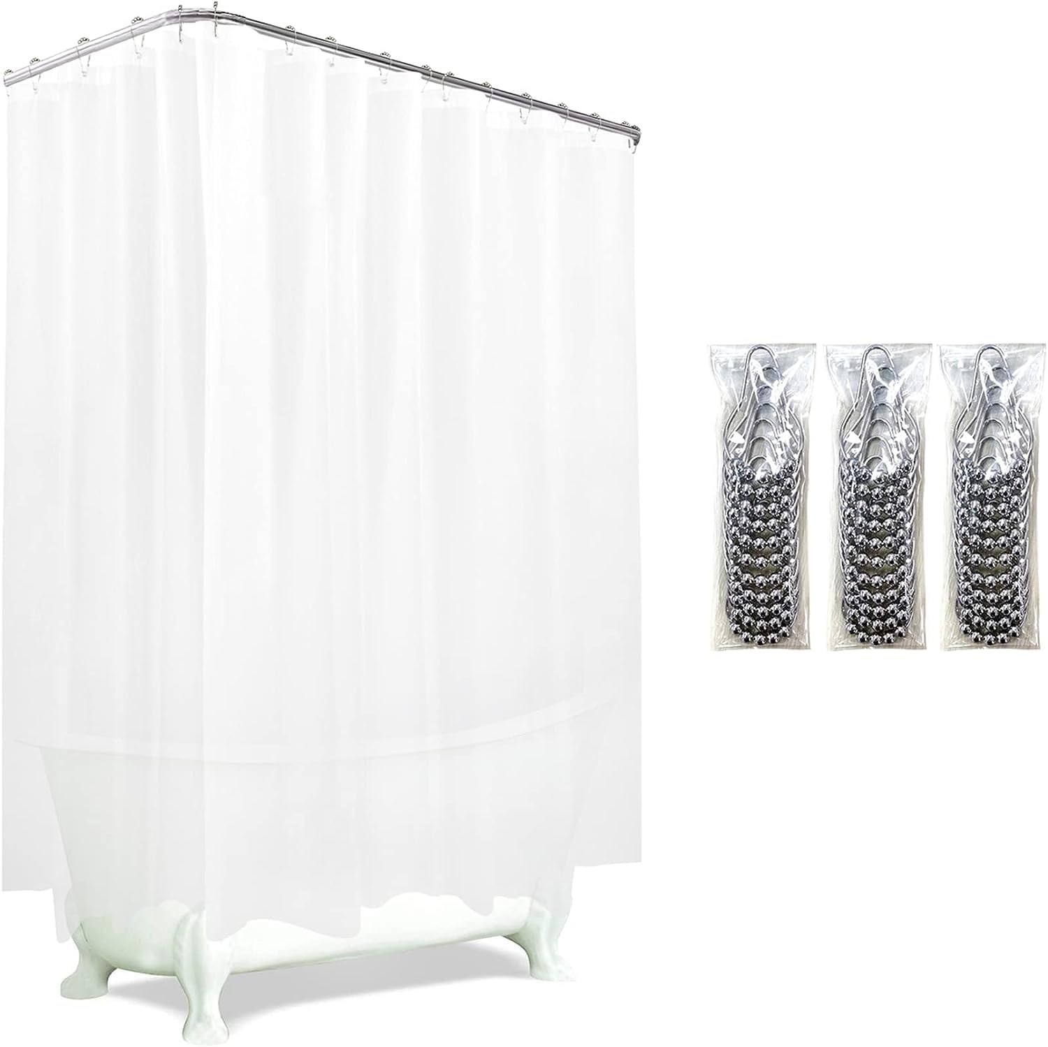 Clawfoot – Cortina de ducha para tina, 180 x 60 pulgadas, forro esmerilado que se deforma alrededor, extra ancho, 36 ganchos de metal, cortina de