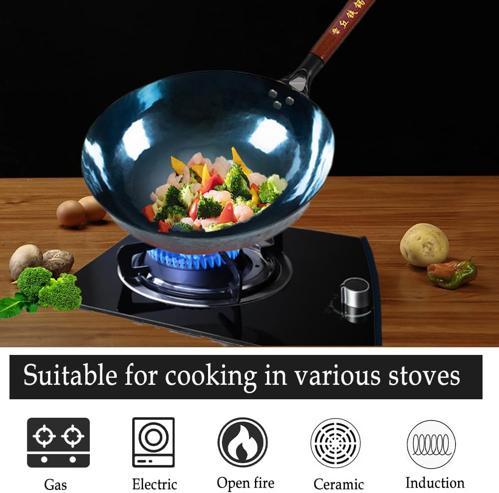 TKRADISH Wok de hierro fundido de 14 pulgadas, woks chinos de hierro martillado a mano con mango de madera y tapa, sartenes grandes antiadherentes,